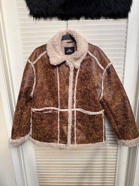 Urban Outfitters Brown Faux Shearling Aviator Coat with Cream Trim
